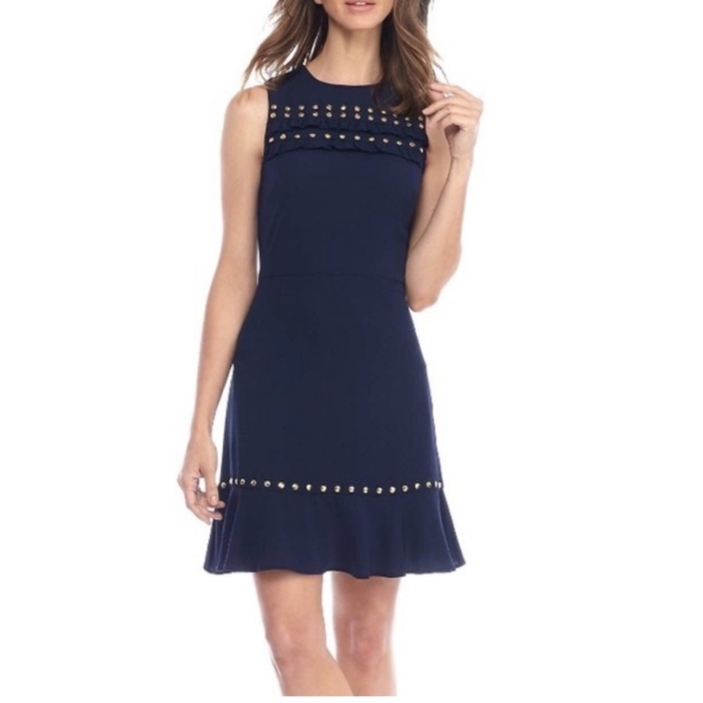 Michael Kors Navy Blue sleeveless crepe Dress with Gold stud Accents XS